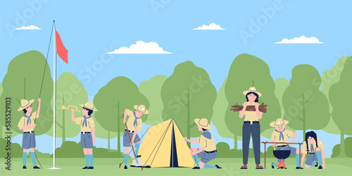Scouts in nature camping, forest survival adventures. Scout and ranger, cartoon teens and children in hiking. Young team camp, recent vector scene