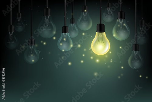 Light bulbs with fireflies on the dark background. Idea concept
