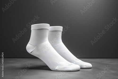  a pair of white socks sitting on top of a table next to a black wall and a gray floor with a light shining on it. generative ai