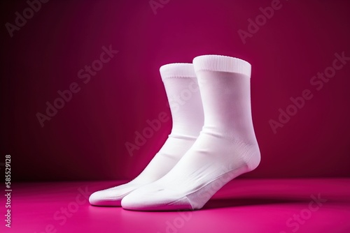  a pair of white socks sitting on top of a pink floor next to a pink wall and a red background with a pink light behind it. generative ai
