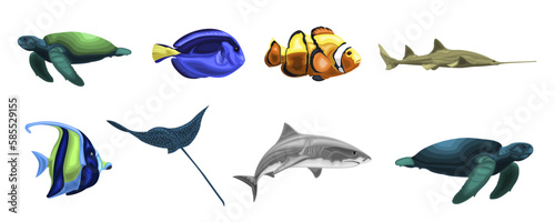 Set of colorful underwater animals: goldfish, shark, ramp fish and turtle. Aquarium characters cartoon style. Sea and ocean reef creatures collection isolated on white background. Vector illustration