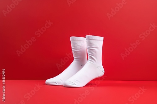  a pair of white socks sitting on top of a red surface with a red wall in the background and a red wall in the background. generative ai