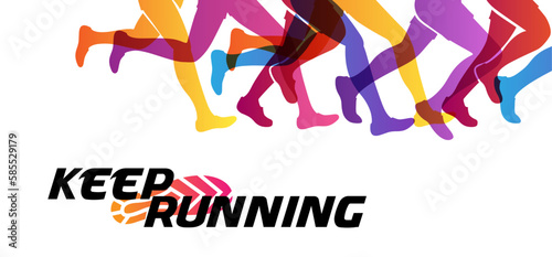 Colorful silhouettes of running people. Conceptual vector illustration of marathon. Sport background with mans and womans in active lifestyle.