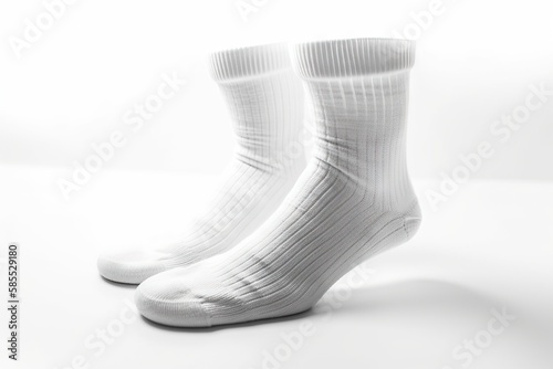  a pair of white socks sitting on top of a white table top next to a white wall with a white background behind it and a white background. generative ai