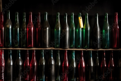  a shelf filled with lots of different colored glass bottles next to a wall of other bottles on a wooden shelf next to a wall of other bottles.  generative ai