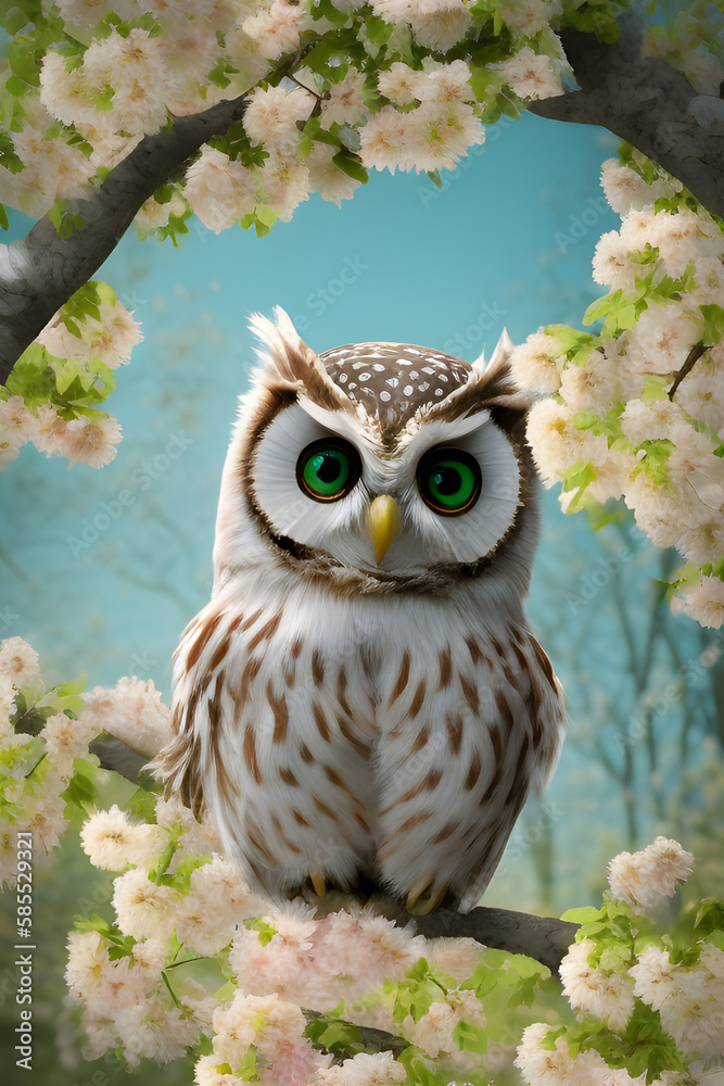 Naklejka premium illustration of a cute owl in the spring landscape in the background, during the cherry blossom, generative AI