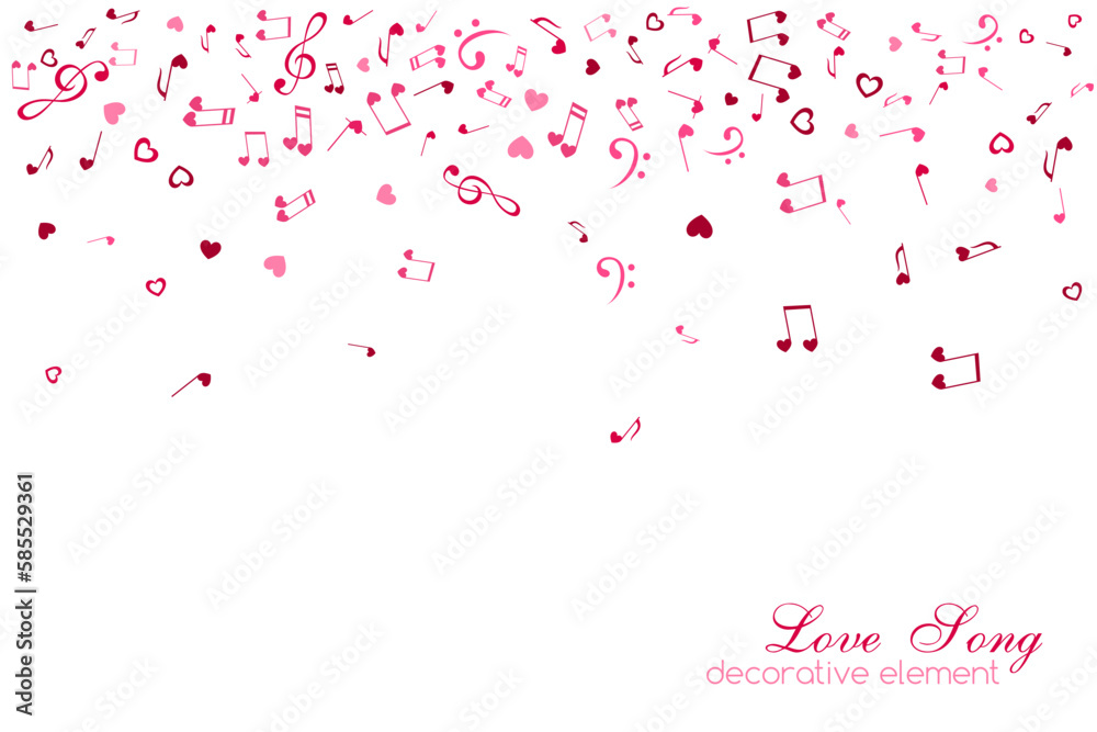 Notes and Hearts. Top border. Love Music decoration element isolated on the white background.