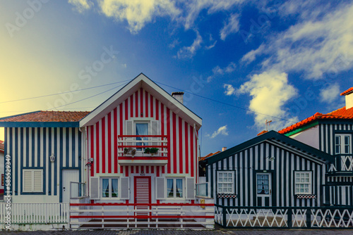 Striped colorful houses at the Praia da Costa Nova