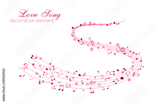 Heart and Notes on the swirl lines. Love Music decoration element isolated on the white background.