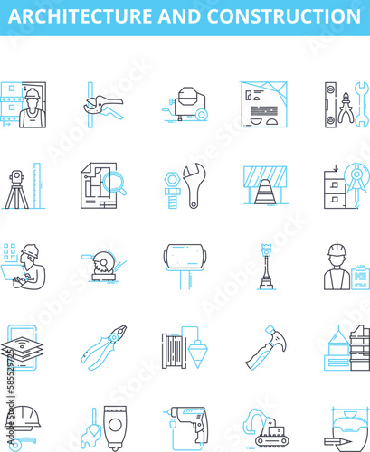Architecture and construction vector line icons set. Architecture, Construction, Building, Designing, Structural, Blueprint, Planning illustration outline concept symbols and signs