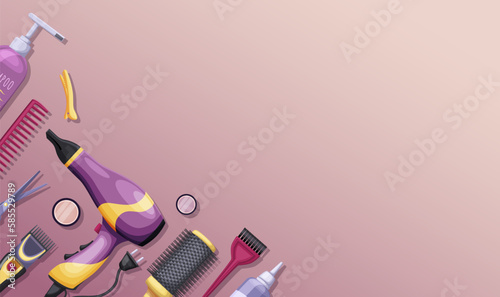  Beauty salon barber banner or poster. Hairdresser accessories. Professional tools for curling and haircut barbershop. Purple pink color design for print flyer and web background. Vector illustration