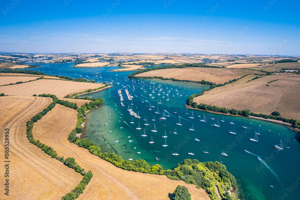 Aerial view of Salcombe Harbour and Snapes Point from a drone, Kingsbridge Estuary, Salcombe, South Hams, Devon, England