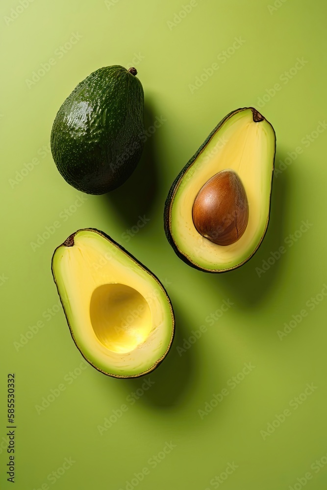 Avocado composition on green background. Generative AI