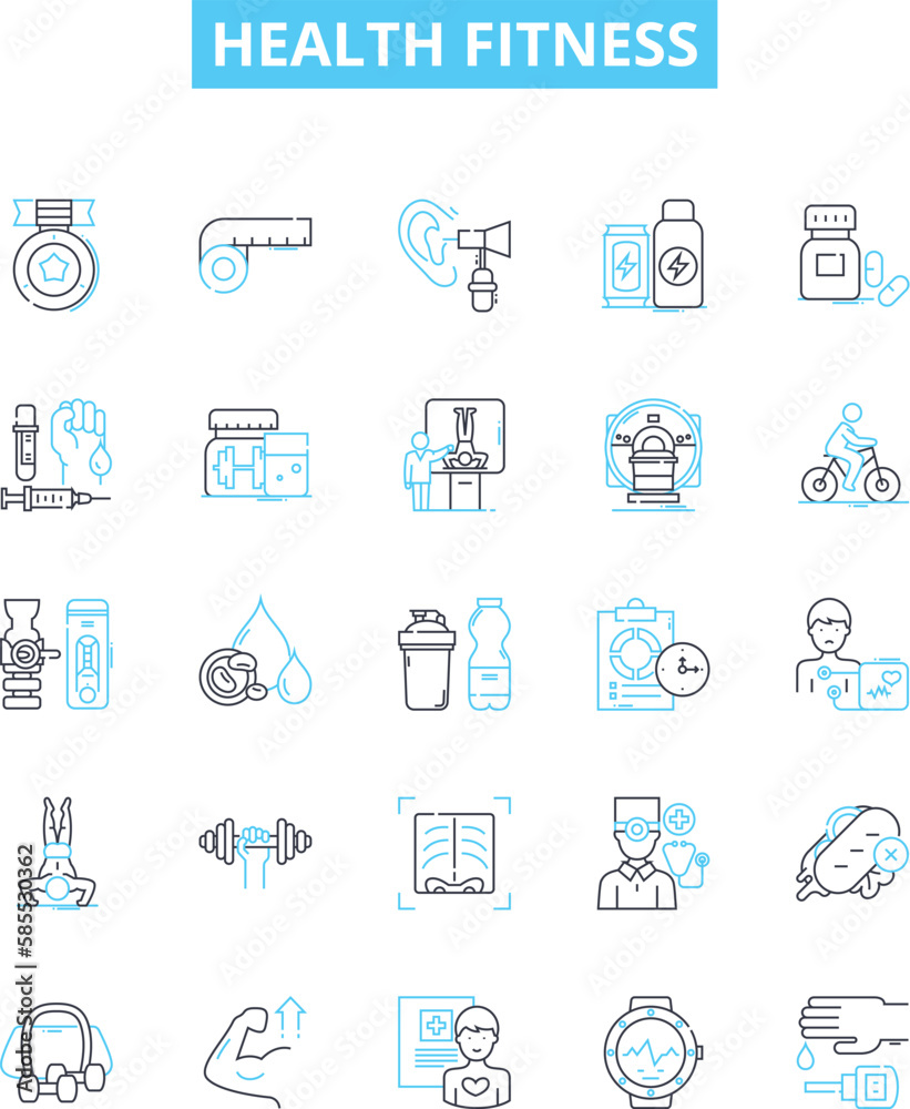 Health fitness vector line icons set. Exercise, Diet, Muscle, Strength, Body, Training, Cardio illustration outline concept symbols and signs Health fitness vector line icons set. Exercise, Diet, Muscle, Strength, Body, Training, Cardio illustration outline concept symbols and signs