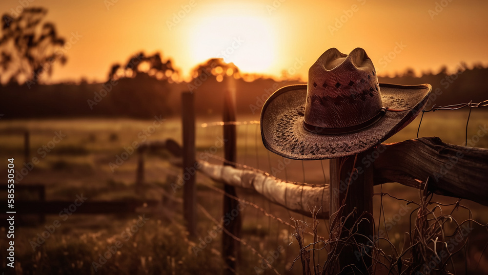Illustration of a cowboy hat on a fence - Scene with a beautiful sunset - Generative AI - obrazy, fototapety, plakaty 