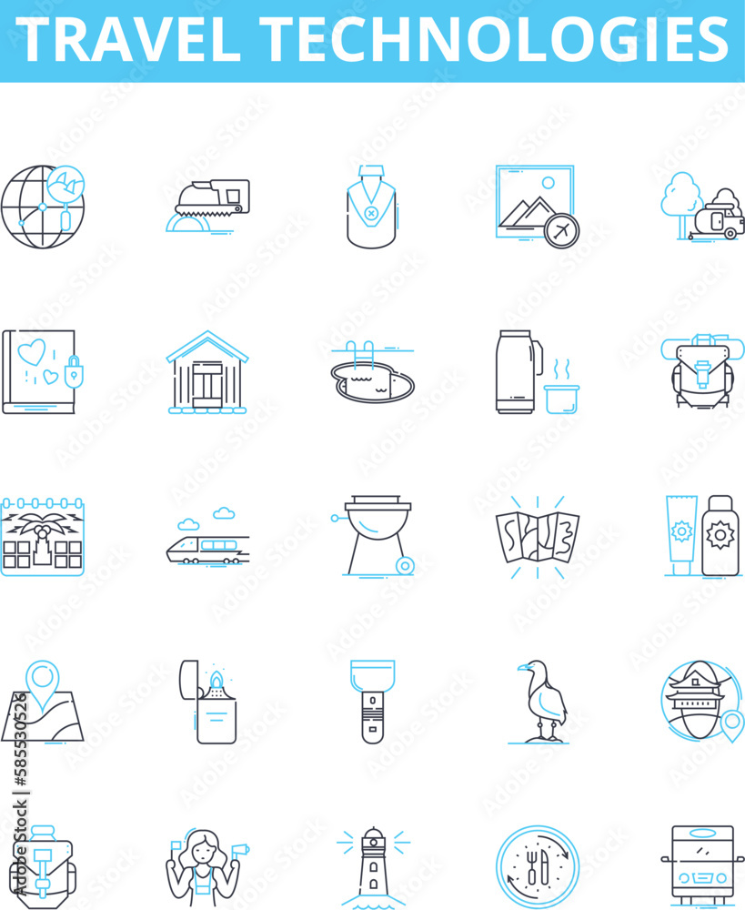 Travel technologies vector line icons set. Mobile, Apps, AI, Voice, Augmented, Reality, Tracking illustration outline concept symbols and signs