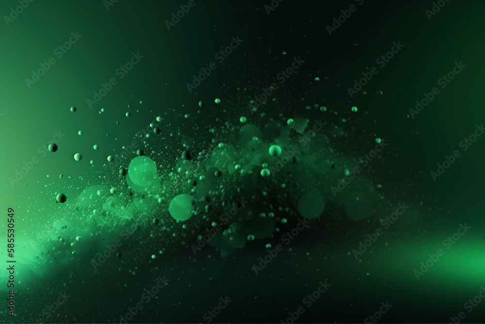 Bright abstract polygonal round particles on a green background made with generative AI