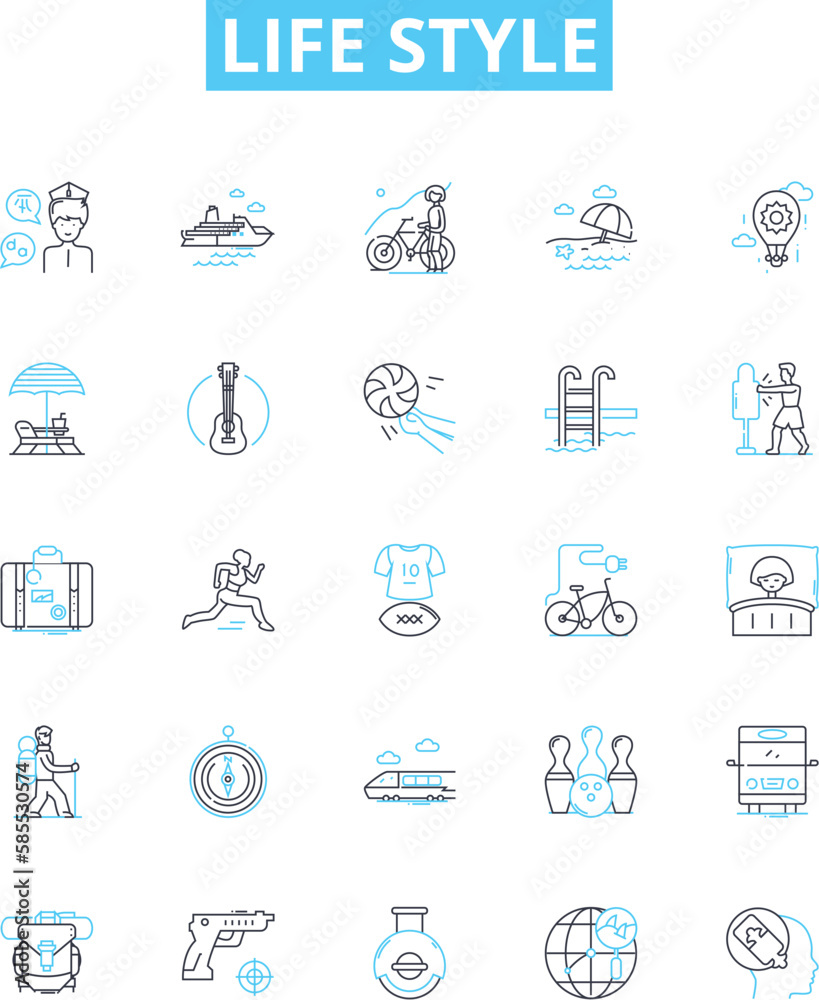 Life style vector line icons set. Lifestyle, Trend, Habits, Well-being, Fashion, Attitude, Exercise illustration outline concept symbols and signs