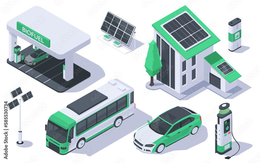 Set of electric charger stations with solar panels on the roof of transport and house. Eco energy and renewable power for safe environment in city. Isometric vector illustration isolated on background