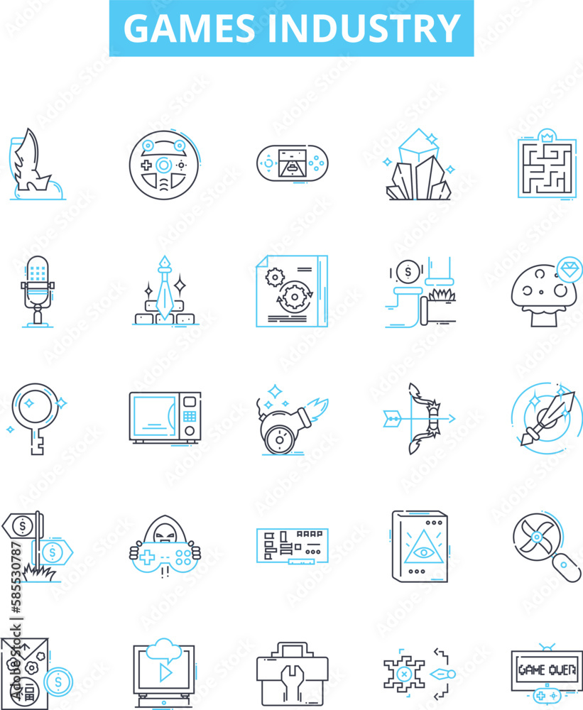 Games industry vector line icons set. Games, Industry, Gaming, Video, Online, Mobile, Esports illustration outline concept symbols and signs Games industry vector line icons set. Games, Industry, Gaming, Video, Online, Mobile, Esports illustration outline concept symbols and signs