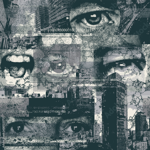 Abstract seamless pattern with human eyes, urban landscapes in grunge texture. Chaotic background on the theme of city life in retro style. Wallpaper, wrapping paper, fabric design