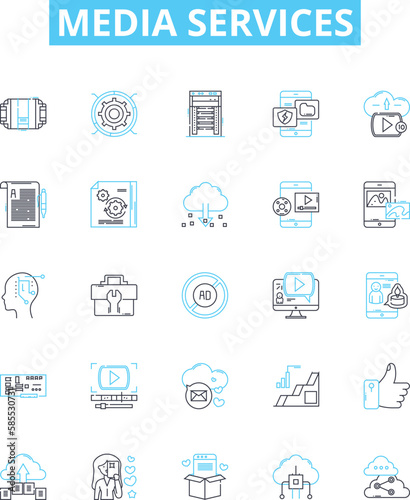 Media services vector line icons set. Broadcasting, Streaming, Advertising, Publishing, Distribution, Video, Editing illustration outline concept symbols and signs
