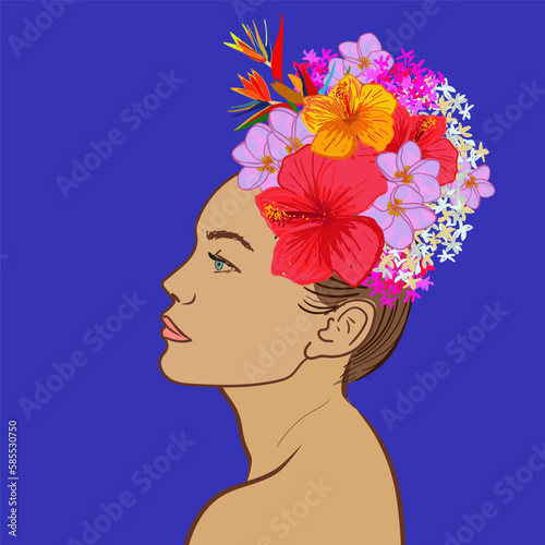 Woman with flower head. Tropical flowers.  Vector illustration. © Mila Che