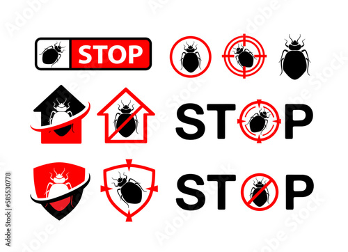 Pest control badges set. Design elements, labels and stickers, danger and stop signs with bedbug silhouette photo