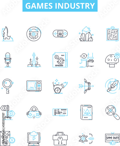 Games industry vector line icons set. Games, Industry, Gaming, Video, Online, Mobile, Esports illustration outline concept symbols and signs
