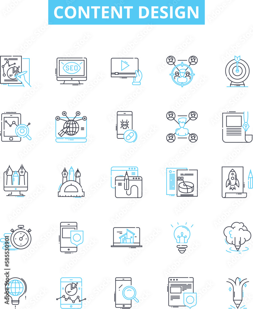 Content design vector line icons set. Content, Design, Layout, Structuring, Writing, Formatting, Arranging illustration outline concept symbols and signs Content design vector line icons set. Content, Design, Layout, Structuring, Writing, Formatting, Arranging illustration outline concept symbols and signs