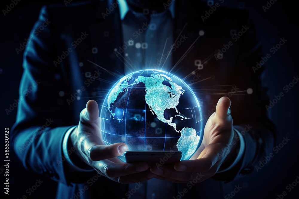 Close up of office man hands holding smartphone with glowing polygonal globe. Concept of communication and worldwide network, created with Generative AI Close up of office man hands holding smartphone with glowing polygonal globe. Concept of communication and worldwide network, created with Generative AI