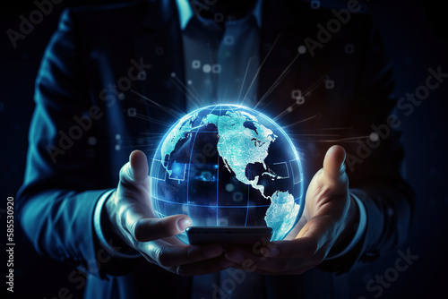 Close up of office man hands holding smartphone with glowing polygonal globe. Concept of communication and worldwide network, created with Generative AI