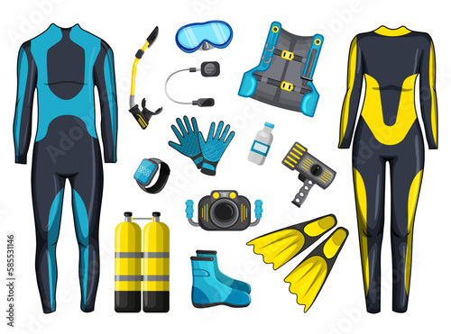 Set of scuba diving gear and accessories. Equipment for under water adventure. Wetsuit, scuba mask, snorkel, fins, oxygen tank and regulator. Photo camera for explorer biologist. Vector illustration