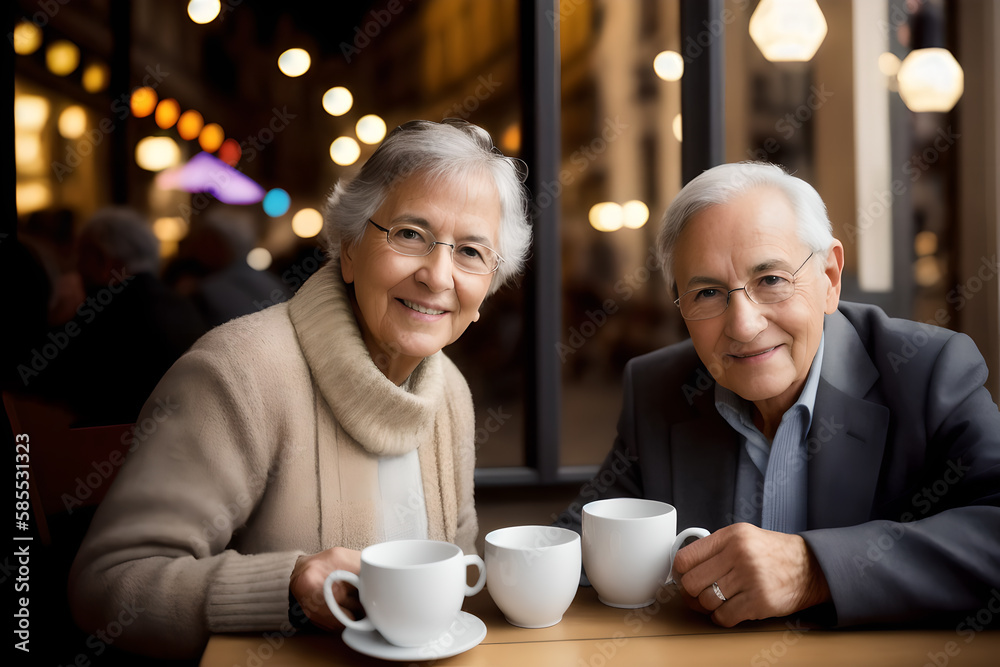 Happy middle aged retired family couple drinking coffee in a French style cafe. Concept of active age. Generative AI Happy middle aged retired family couple drinking coffee in a French style cafe. Concept of active age. Generative AI
