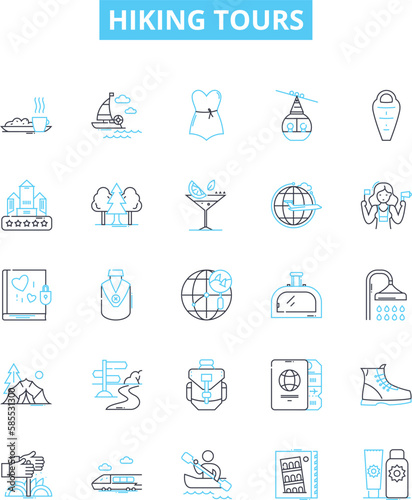 Hiking tours vector line icons set. Hiking, Tours, Trails, Trekking, Backpacking, Adventures, Outdoors illustration outline concept symbols and signs