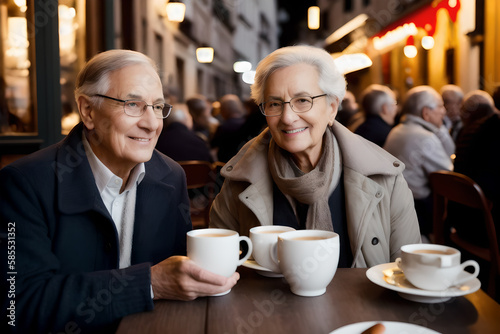 Happy middle aged retired family couple drinking coffee in a French style cafe. Concept of active age. Generative AI