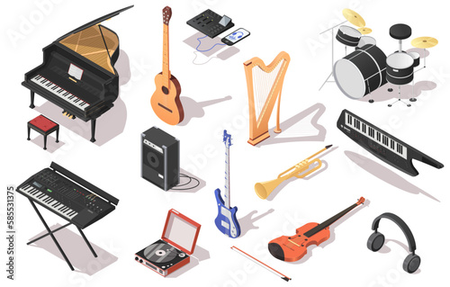 Set of musical instruments icons isolated on white background. Different types of equipment for musician band in realistic style. Isometric design of classical, jazz and pop music. Vector illustration