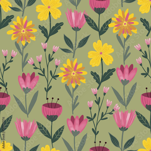 Seamless pink and yellow flower pattern, Floral summer print, Botanical ornament, Spring flowers background, Bright garden wallpaper