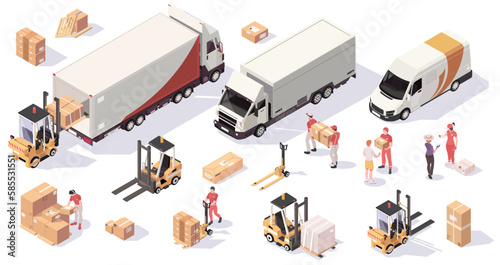 Photo Logistics and delivery isometric icons set with warehouse workers, boxes on forklifts and cargo transport