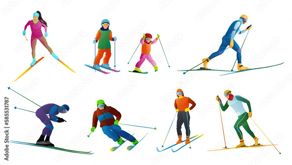 Set of skiers isolated on white background. Skier characters rides and slides. Ski actions: country cross, slalom freeride. Skiing activity men, women, kids in colorful sport wear. Vector illustration