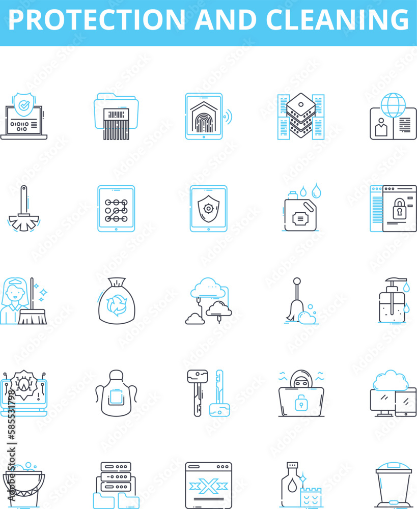 Protection and cleaning vector line icons set. Protection, cleaning, shielding, preserving, guarding, securing, sanitizing illustration outline concept symbols and signs Protection and cleaning vector line icons set. Protection, cleaning, shielding, preserving, guarding, securing, sanitizing illustration outline concept symbols and signs