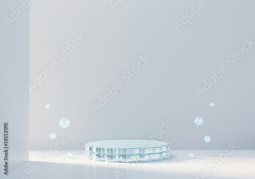 3D rendering cosmetic platform podium with crystal caustic light product presentation background