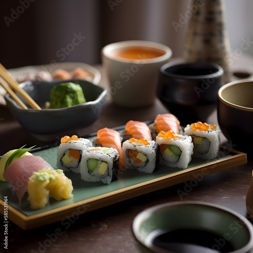 Assorted sashemi and sushi rolls, served with condiments at a fancy japanses restaurant, viewed from a top angle, first person, cinematic, center composition, Shot on IMAX 70mm, 200mm lens, morning, D photo