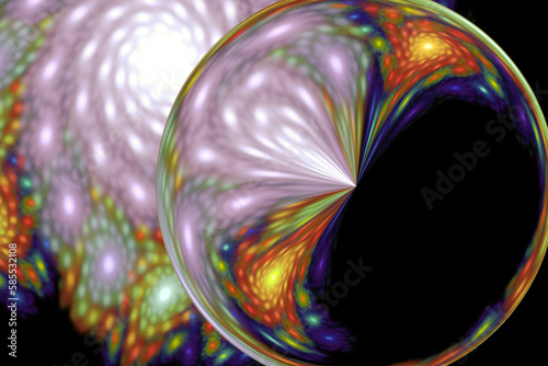 Multicolored pattern with a large translucent sphere of crooked waves on a black background. Abstract fractal 3D rendering