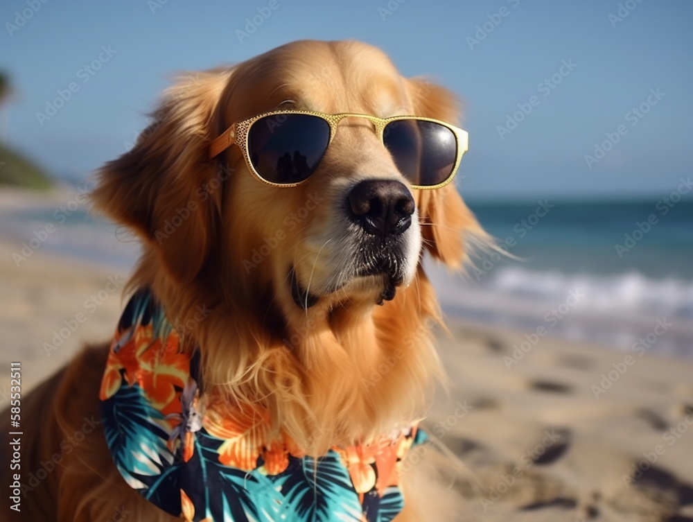 Fashion golden retriever wearing sun glasses and hawaii shirts on the beach