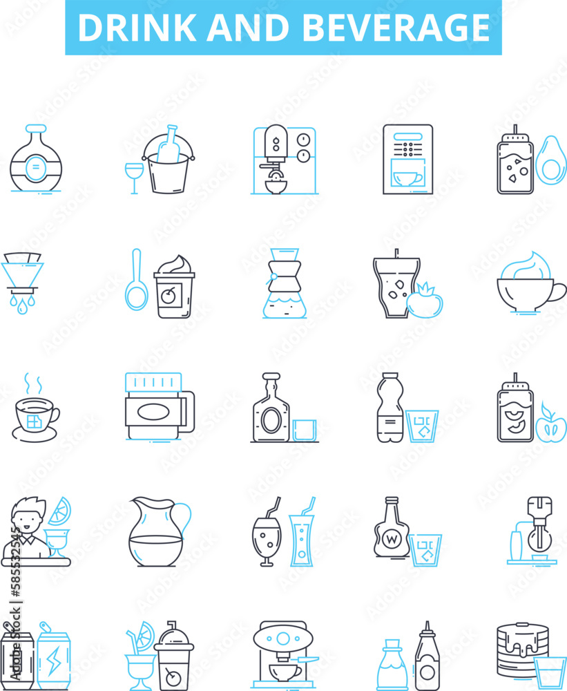 Drink and beverage vector line icons set. Drink, Beverage, Juice, Coffee, Tea, Beer, Wine illustration outline concept symbols and signs Drink and beverage vector line icons set. Drink, Beverage, Juice, Coffee, Tea, Beer, Wine illustration outline concept symbols and signs