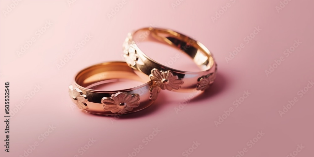 A pair of wedding rings isolated on pink background A pair of wedding rings isolated on pink background