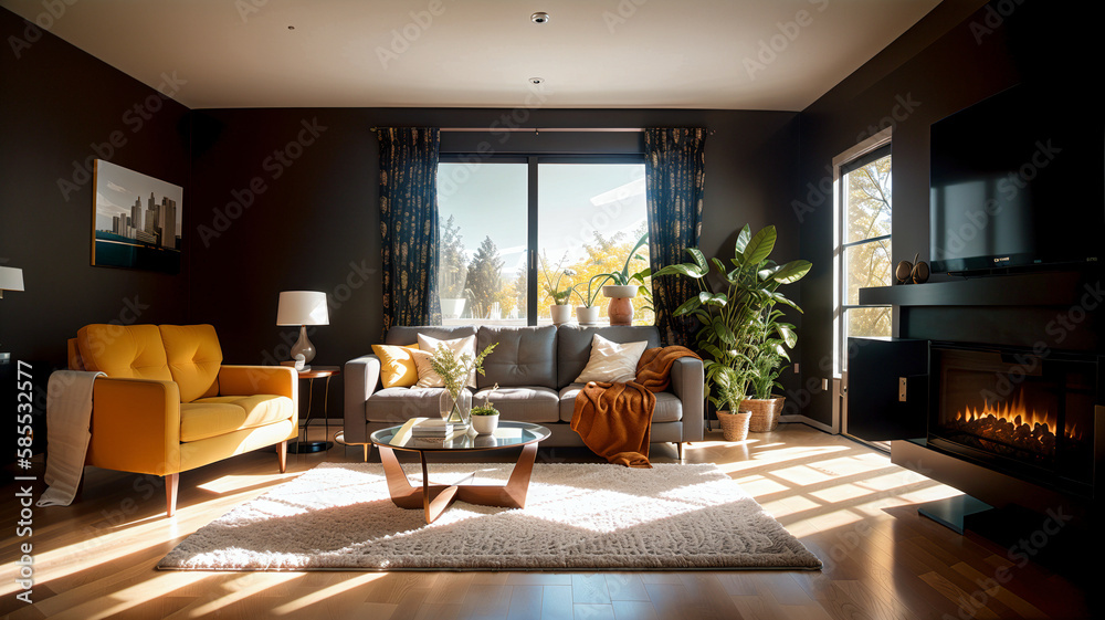 view of beautiful modern living room with contemprary interior with right war sunlight couch rug and home decor,generative AI view of beautiful modern living room with contemprary interior with right war sunlight couch rug and home decor,generative AI