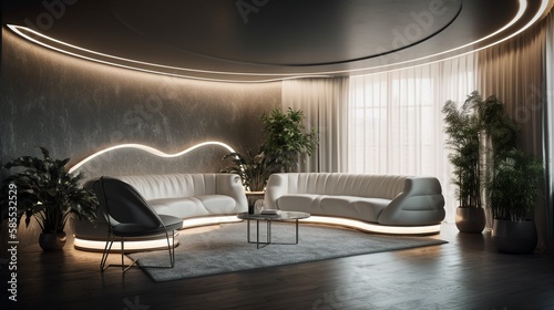 Modern living room interior design, with curved luxury lights, futuristic style