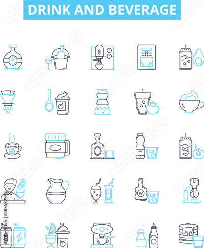 Drink and beverage vector line icons set. Drink, Beverage, Juice, Coffee, Tea, Beer, Wine illustration outline concept symbols and signs